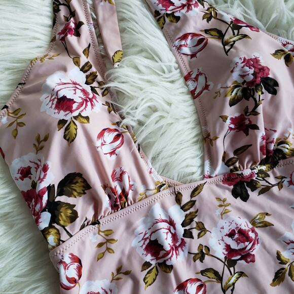 NEW CupShe Pink Floral Halter One Piece Plunging Pink XXL - Picture 5 of 9